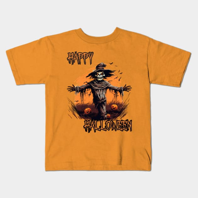 Spooky Scarecrow Happy Halloween Kids T-Shirt by DivShot 